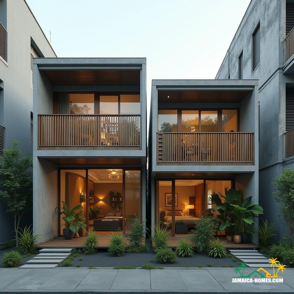 Twin Modular Urban Home Design: Two 20-ft concrete modules side by side with shared narrow porch. Materials: Concrete, steel, glass, timber accents. Features: Solar panels, ventilated roof, cross-ventilation, narrow garden strip at front. Environment: Dense city lot, neighboring buildings close by, small tropical plants in front. Style Notes: Modern, practical, functional for small urban family or rental.