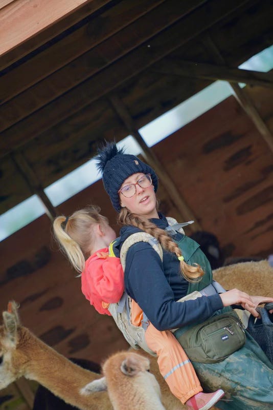 mother with daughter on back doing feed rounds with alpacas