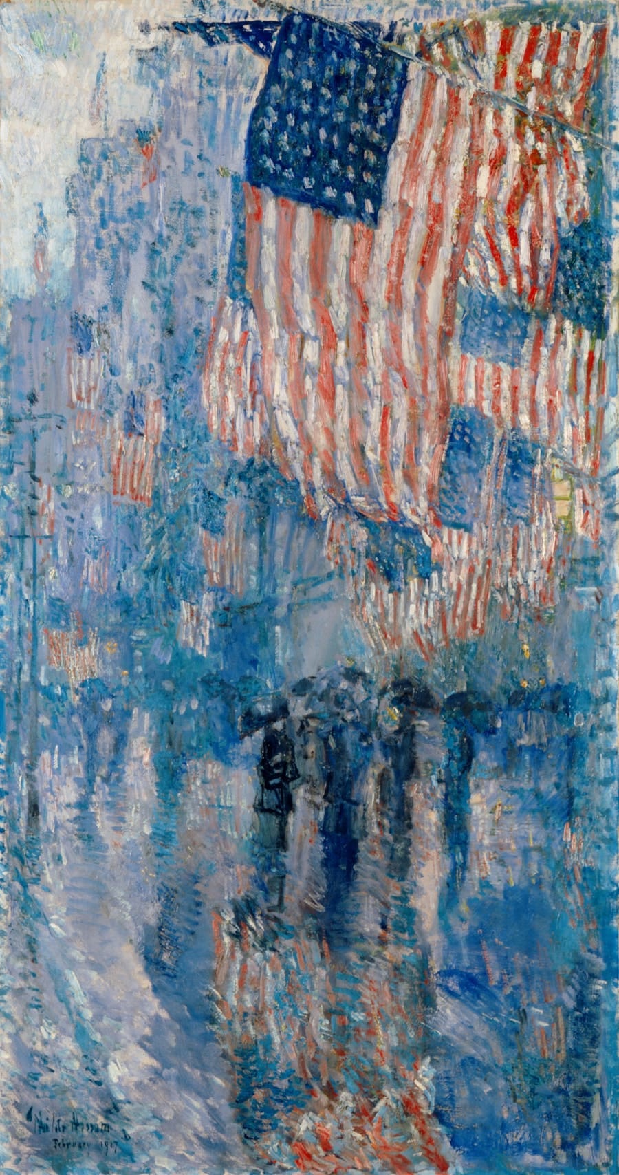 Childe Hassam, The Avenue in the Rain, oil on canvas. 42 in. x 22.25 in. Courtesy of The White House Collection, The White House, Washington, D. C. Image courtesy of The Athenaeum. Public domain image.