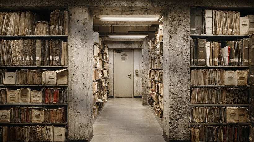 An old archive of books and papers.