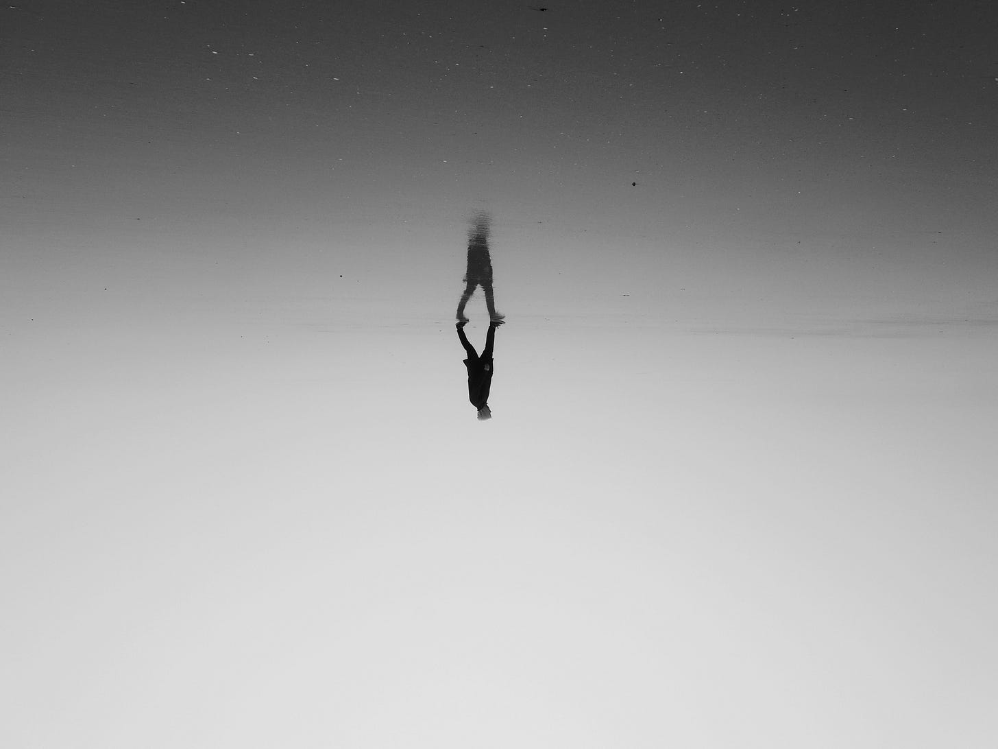 The shape of a person walks on the surface of water, themselves getting reflected on the water. 