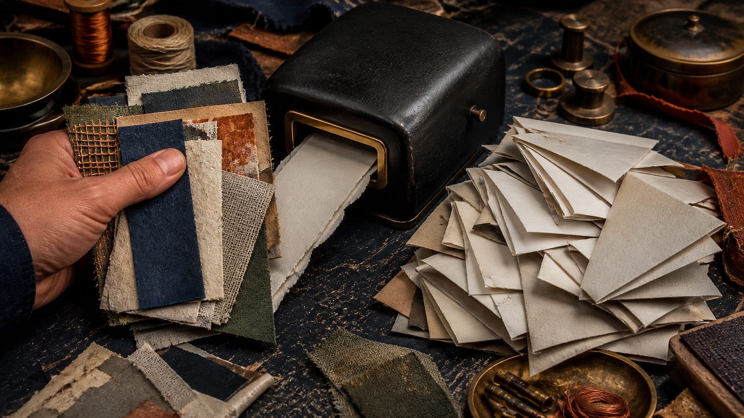 A hand holds fabric and paper swatches beside a small black machine, with a pile of folded paper, thread and craft tools on a dark workbench.