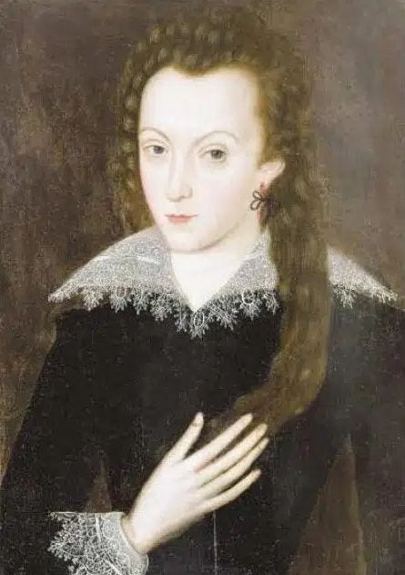 Portrait of a guy with pale skin, arched brows, pink lips and flowing long hair.