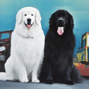 A black Newfie sitting next to a white Great Pyrenees