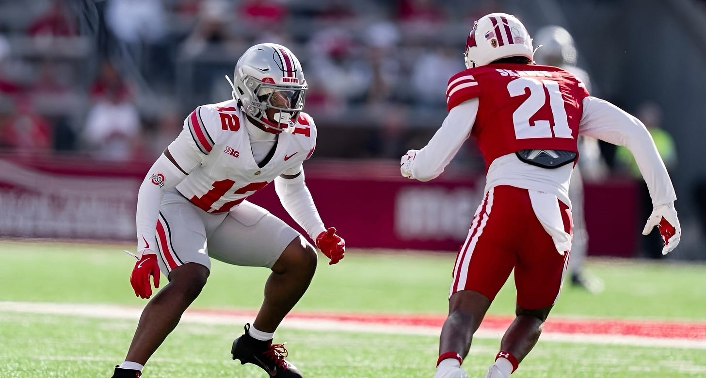 Ohio State CB Bryce West covering a Wisconsin Badgers player.
