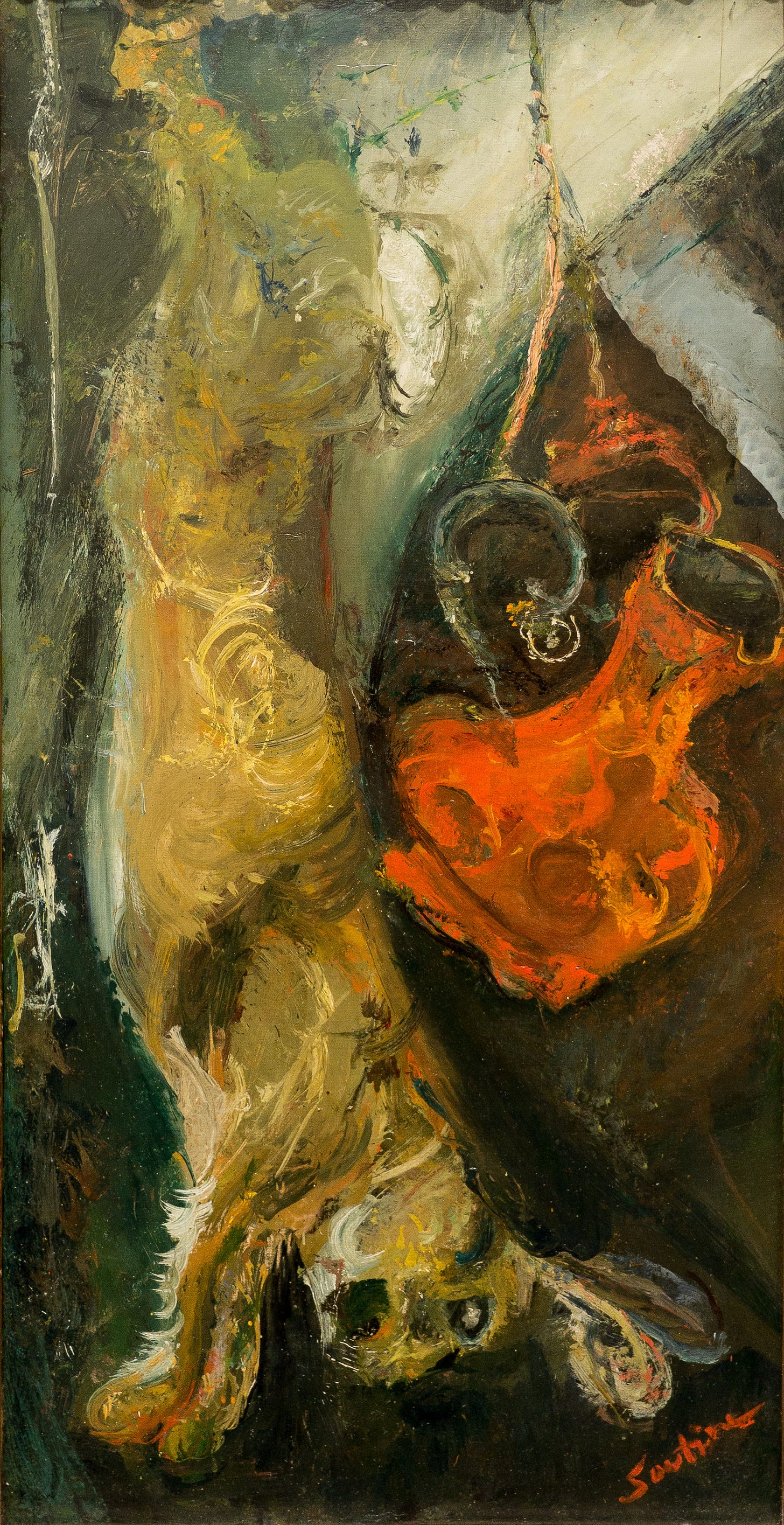 Le Lapin by Chaïm Soutine: a rabbit hanging by one leg, its fur brown and gold, beside a lopsided red pitcher Le Lapin by Chaïm Soutine: a rabbit hanging by one leg, its fur brown and gold, beside a lopsided red pitcher