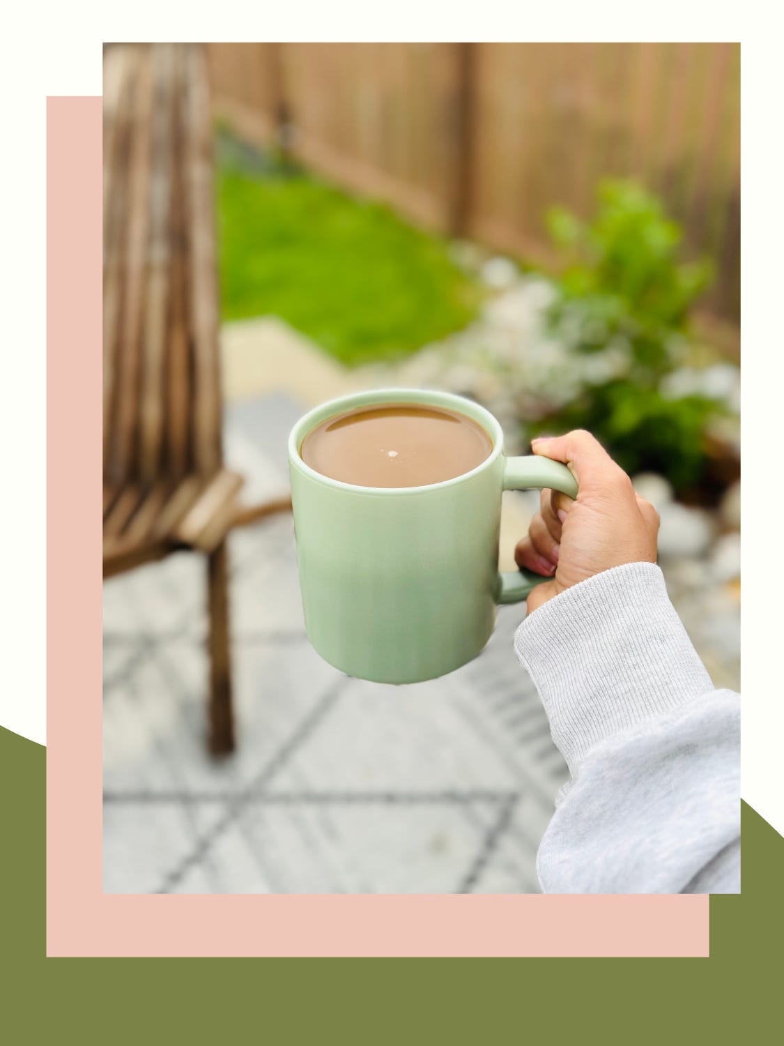 light green mug with coffee in it on an outdoor patio