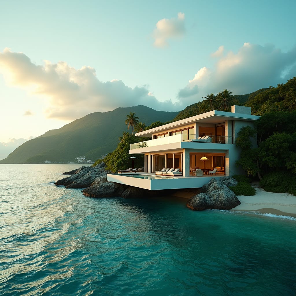 Magnificent modern Jamaican villa with expansive windows, cantilevered platforms, and dramatic protuberances, set directly on the pristine beach in Montego Bay, coast, with turquoise Caribbean waters stretching to the horizon.