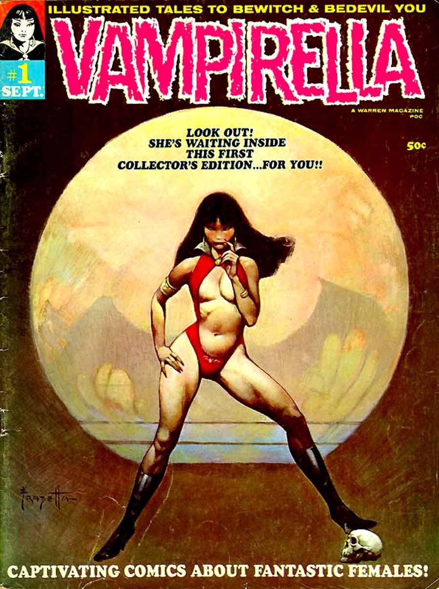 May be an image of 1 person and text that says "ILLUSTRATED TALES to BEWITCH & BEDEVIL γου #1 SEPT. VAMPIRELLA RELLA WARREN MAGAZINE DC LOOK LOOKOUT! OUT! SHE'S WAITING INSIDE THIS FIRST COLLECTOR'S EDITION...FO ...FOR YOU!! 50c CAPTIVATING COMICS ABOUT FANTASTIC FEMALES!"