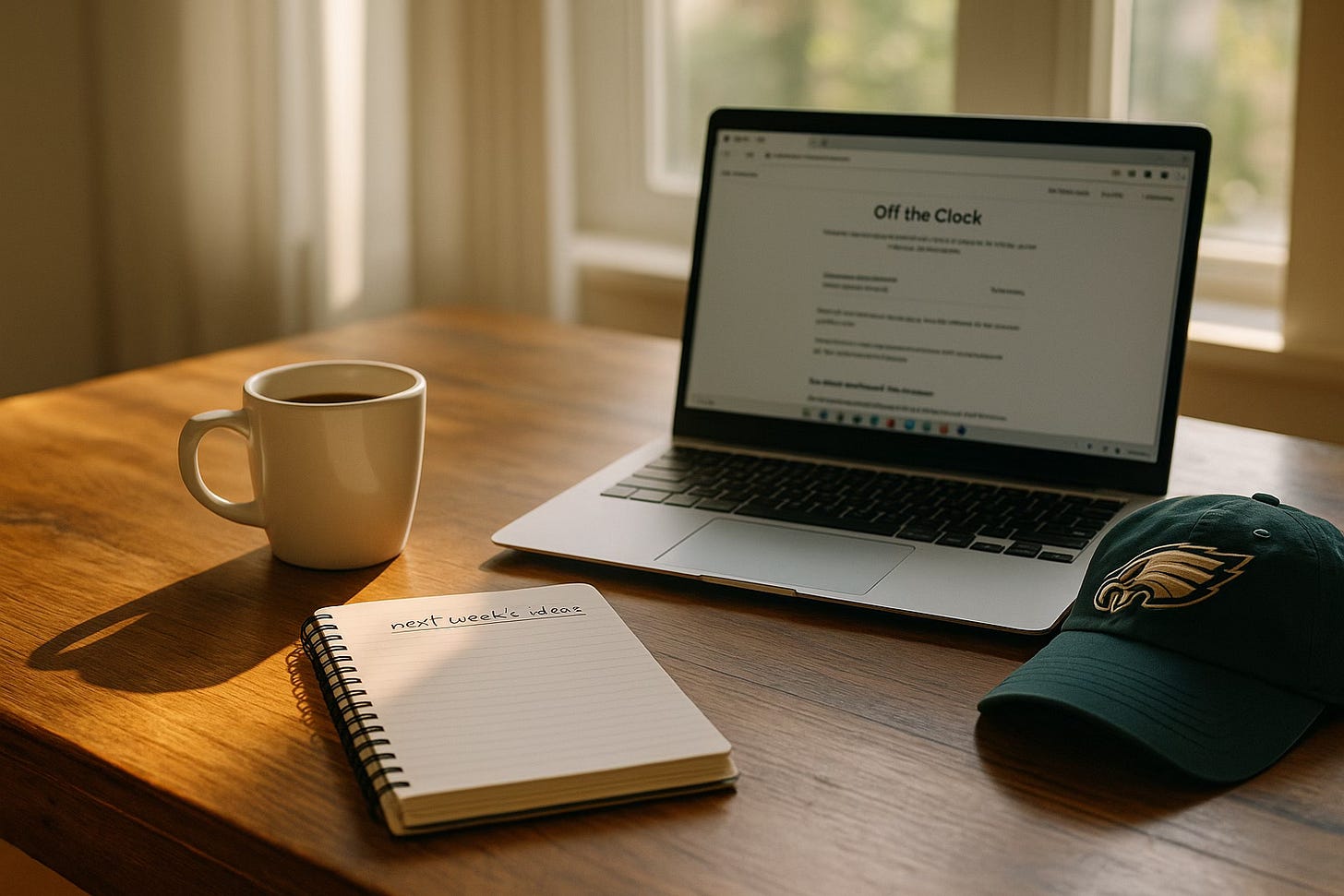 A sunlit table with a coffee mug, laptop, Eagles cap, and notebook — a relaxed weekend workspace.
