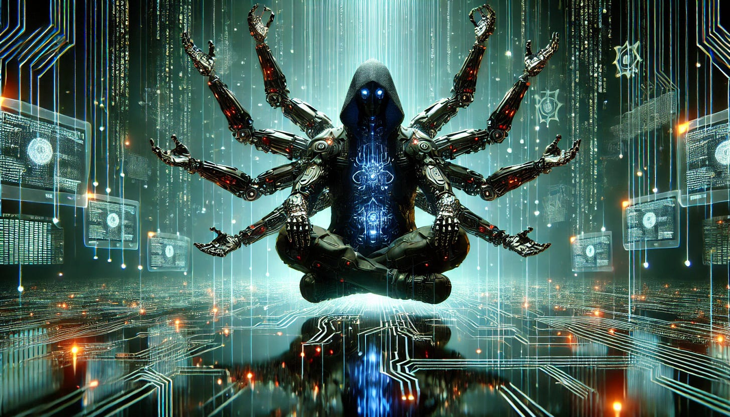 A cyberpunk hacker with a thousand mechanical arms, floating above a glowing digital network. The hacker has a sleek, futuristic design with neon lights reflecting off cybernetic enhancements. The background consists of a deep, immersive cyberspace with data streams and holographic interfaces. The atmosphere is dark yet vibrant, filled with digital rain and circuit patterns. A cyberpunk hacker with a thousand mechanical arms, floating above a glowing digital network. The hacker has a sleek, futuristic design with neon lights reflecting off cybernetic enhancements. The background consists of a deep, immersive cyberspace with data streams and holographic interfaces. The atmosphere is dark yet vibrant, filled with digital rain and circuit patterns.