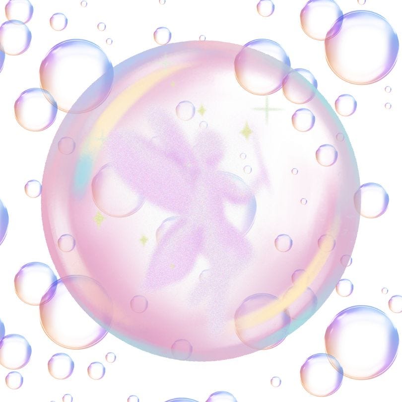 Bubbles surrounding a faint pink fairy.