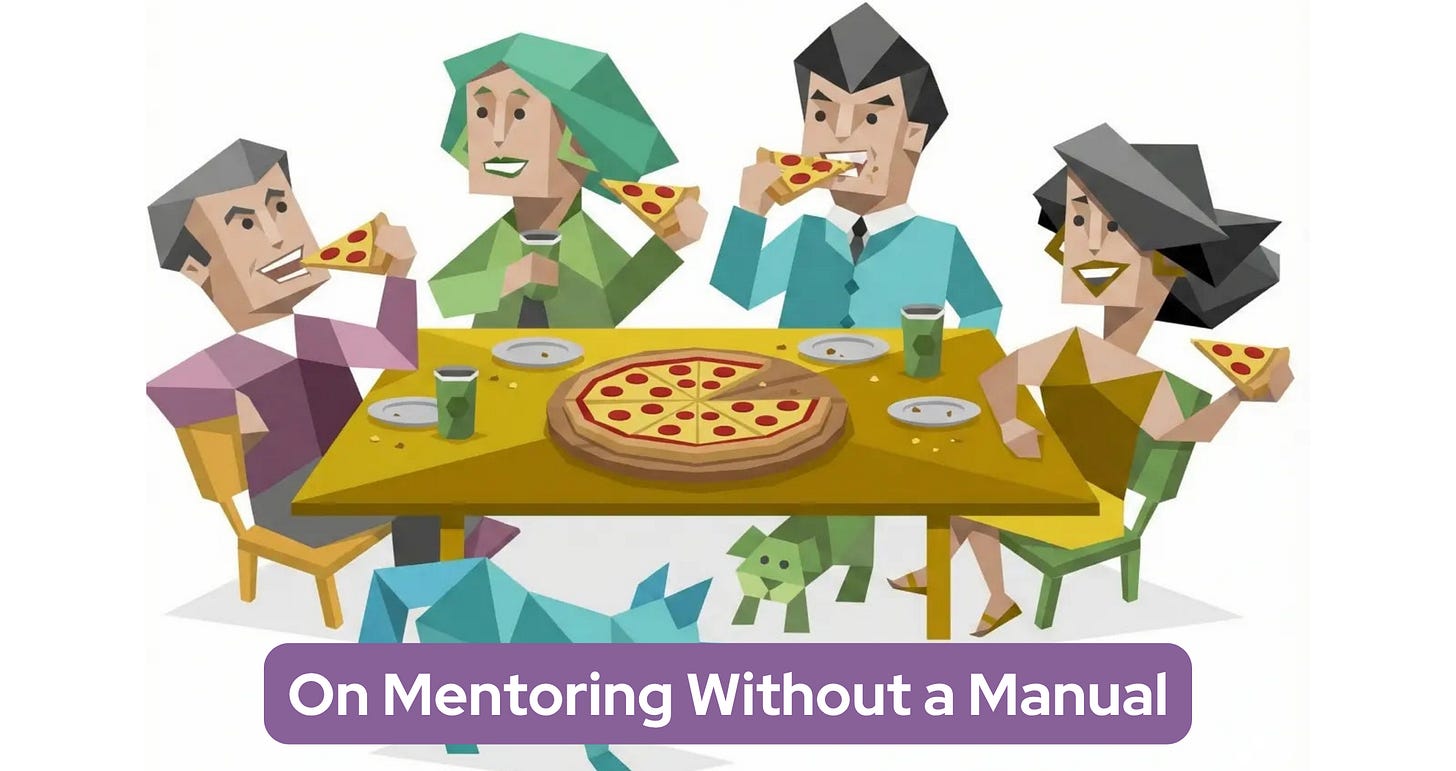 Illustration of four colleagues of all different personality types sitting around a table eating pizza, with pets nearby, and a banner below that reads “On Mentoring Without a Manual.”