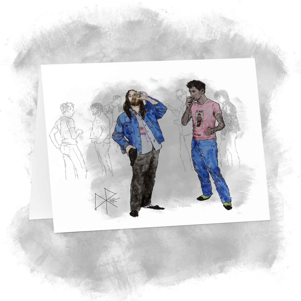 At a party, two men drink their final portions of wine from the now empty bottle that one of them still holds in his hand. Sketch art by Don Rice.