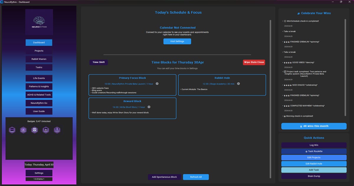 A high-contrast dark mode dashboard for the NeuroRythm application.  The interface features a purple and blue gradient sidebar with navigation links like Rabbit Warren, Patterns & Insights, and NeuroRythm Go.  The central workspace, titled Today’s Schedule & Focus