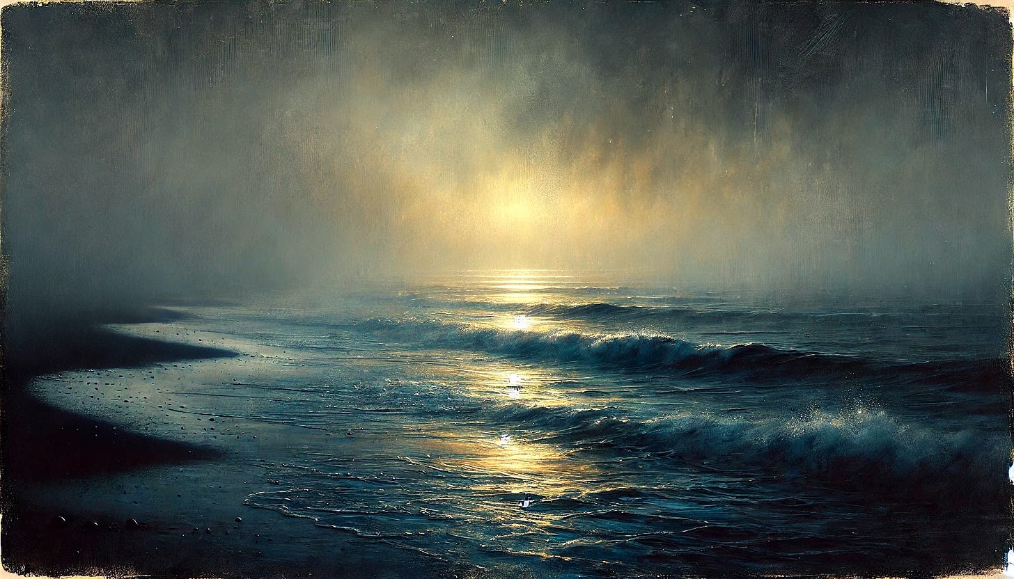 A painterly seascape at twilight, dense silver-gold fog obscuring the horizon, waves breaking on a dark shoreline, a single obscured light source casting gold across the water, the boundary between sea and sky completely dissolved. A painterly seascape at twilight, dense silver-gold fog obscuring the horizon, waves breaking on a dark shoreline, a single obscured light source casting gold across the water, the boundary between sea and sky completely dissolved.