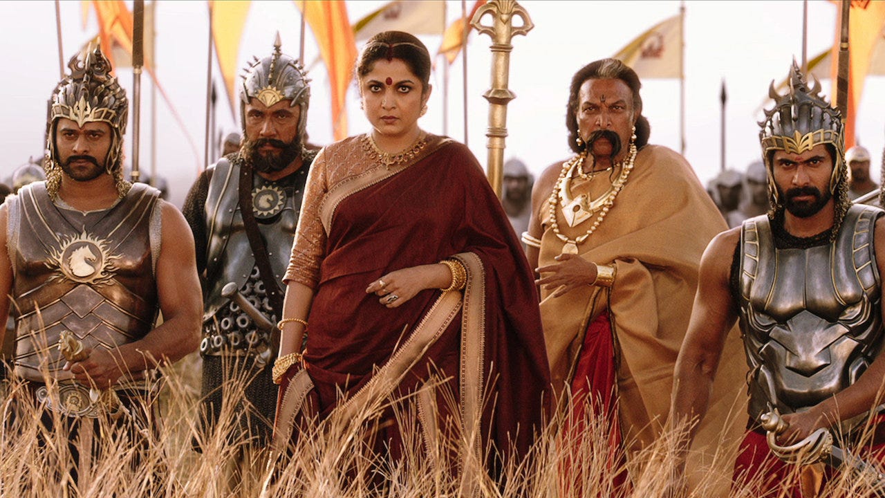 From left: Baahubali, Kattappa, Sivagami, Bijjaladeva, Bhallaladeva