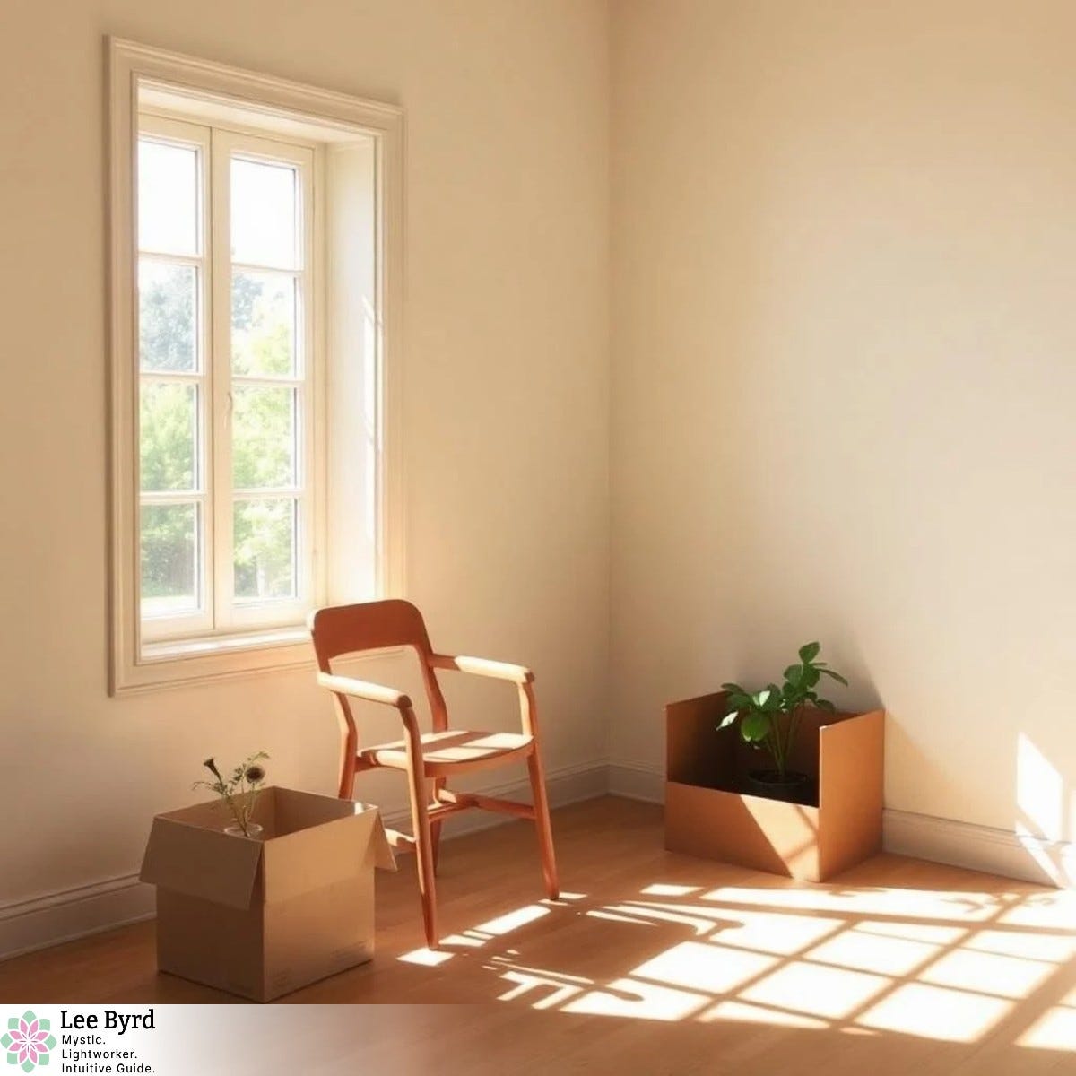 Sunlit nearly empty room with a wooden chair beside a tall window, two moving boxes on the floor, and soft afternoon light casting shadows across the hardwood floor. Image created by LB on Pixlr.