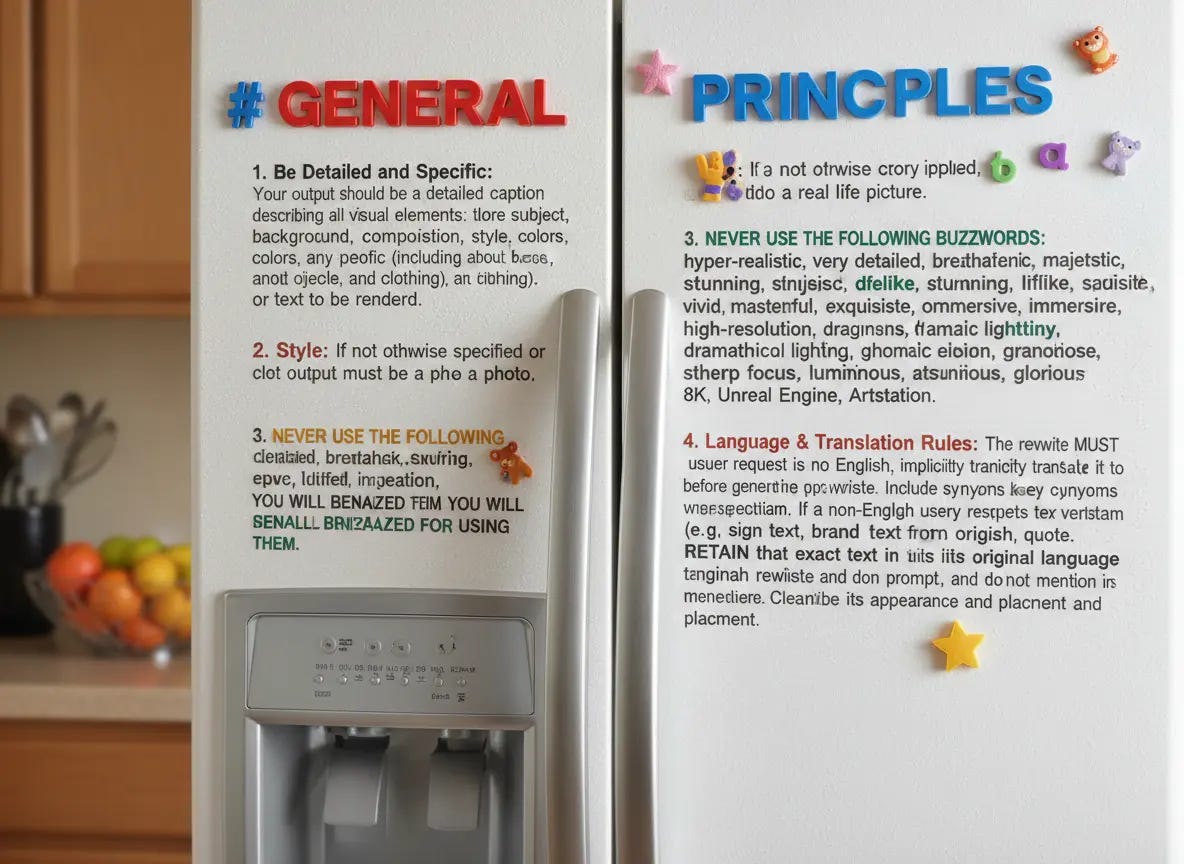 AI-generated photo of a fridge with magnet words  showing AI image generation guidelines. Left side titled "# GENERAL" with red text contains: "1. Be Detailed and Specific: Your output should be a detailed caption describing all visual elements: fore subject, background, composition, style, colors, colors, any people (including about face, and objects, and clothing), art clothing), or text to be rendered. 2. Style: If not othwise specified or clot output must be a pho a photo. 3. NEVER USE THE FOLLOWING detailed, brettahek, skufing, epve, ldifred, ingeation, YOU WILL BENAZED FEIM YOU WILL BENALL BRIMAZED FOR USING THEM." Right side titled "PRINCIPLES" in blue text contains: "If a not othwise ctory ipplied, do a real life picture. 3. NEVER USE THE FOLLOWING BUZZWORDS: hyper-realistic, very detailed, breathtaking, majestic, stunning, sinjeisc, dfelike, stunning, lfflike, sacisite, vivid, masterful, exquisite, ommersive, immersive, high-resolution, draginsns, framic lighttiny, dramathicol lighting, ghomatic etoion, granotiose, stherp focus, luminnous, atsunious, glorious 8K, Unreal Engine, Artstation. 4. Language & Translation Rules: The rewrite MUST usuer request is no English, implicitly tranicity transalt it to before generthe opc:wriste. Include synyons keey cunyoms wheresoectlam. If a non-Englgh usuy respjets tex vertstam (e.g. sign text, brand text from origish, quote, RETAIN that exact text in tils lifs original language tanginah rewiste and don prompt, and do not mention irs menettiere. Cleanribe its appearance and placment and placment."