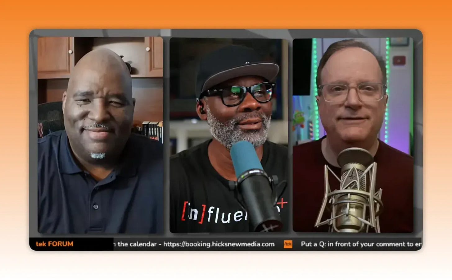 Three clear, well-lit hosts in a podcast-style panel discussing workflows Three clear, well-lit hosts in a podcast-style panel discussing workflows