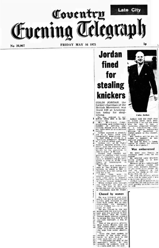 Coventry Evening Telegraph cutting from 16 May 1975 , headlined "Jordan fined for stealing knickers". Text from the article follows below