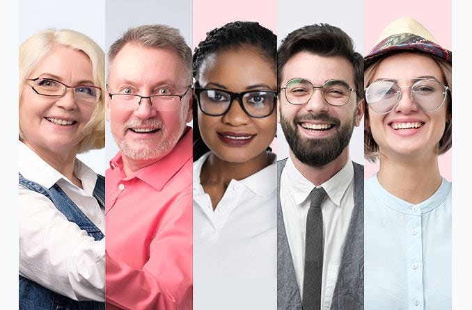 Photo showing people of multiple ages, genders and ethnicities wearing glasses Photo showing people of multiple ages, genders and ethnicities wearing glasses