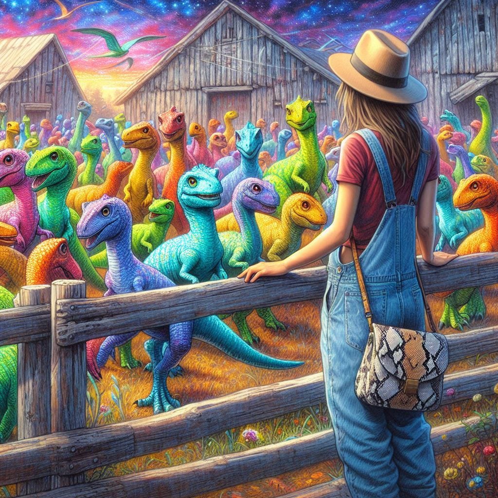 a herd of small dinosaurs on a ranch between fences. a young woman in overalls holds a snakeskin purse in her arms and looks at them with wonder. sci-fi drawing. a herd of small dinosaurs on a ranch between fences. a young woman in overalls holds a snakeskin purse in her arms and looks at them with wonder. sci-fi drawing.