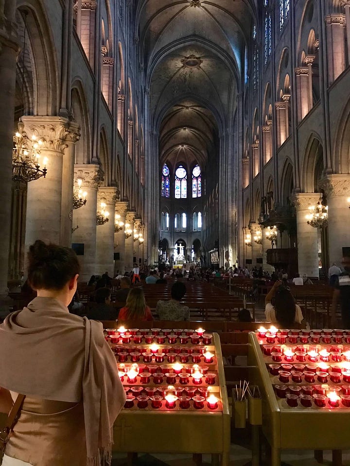 A picture of a neon-lit elevator and several of Notre Dame