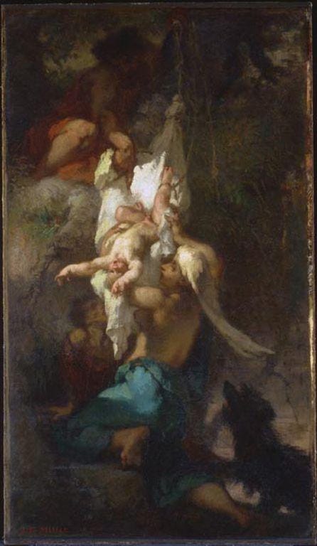 A dark, dramatically lit oil painting by Jean-François Millet showing a pale infant being taken down from a tree by several figures. The child hangs limp, ankles bound, suspended in white cloth. The surrounding figures are partially obscured in shadow, their expressions and movements urgent. The scene conveys violence survived and pity intervening â a wound already made. A dark, dramatically lit oil painting by Jean-François Millet showing a pale infant being taken down from a tree by several figures. The child hangs limp, ankles bound, suspended in white cloth. The surrounding figures are partially obscured in shadow, their expressions and movements urgent. The scene conveys violence survived and pity intervening â a wound already made.