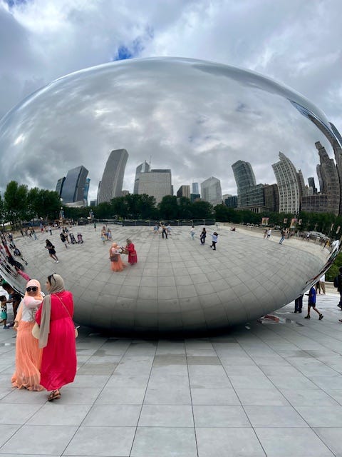 Top left: Shedd Sea Lion Experience, Tzuco durazno, Chicago River, the Bean, Crown Fountain, Milk Bar red velvet cheesecake cake