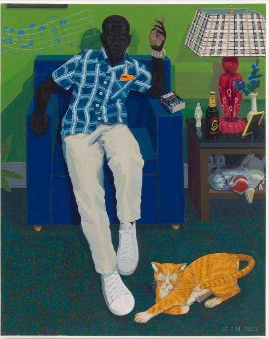 Painting by Kerry James Marshall featuring dark-skinned Black figure(s) in a richly detailed, graphic space of bold color and pattern.
