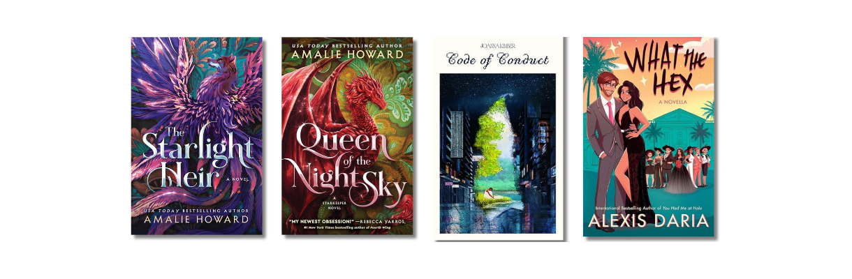 Caribbean romantasy and paranormal romance novels: The Starlight Heir and Queen of the Night Sky by Trinidadian author Amalie Howard, Code of Conduct (god x mortal forbidden romance) by Jamaican author Joanna Kimber, and What the Hex (witchy romance novella) by Puerto Rican author Alexis Daria. Caribbean romantasy and paranormal romance novels: The Starlight Heir and Queen of the Night Sky by Trinidadian author Amalie Howard, Code of Conduct (god x mortal forbidden romance) by Jamaican author Joanna Kimber, and What the Hex (witchy romance novella) by Puerto Rican author Alexis Daria.