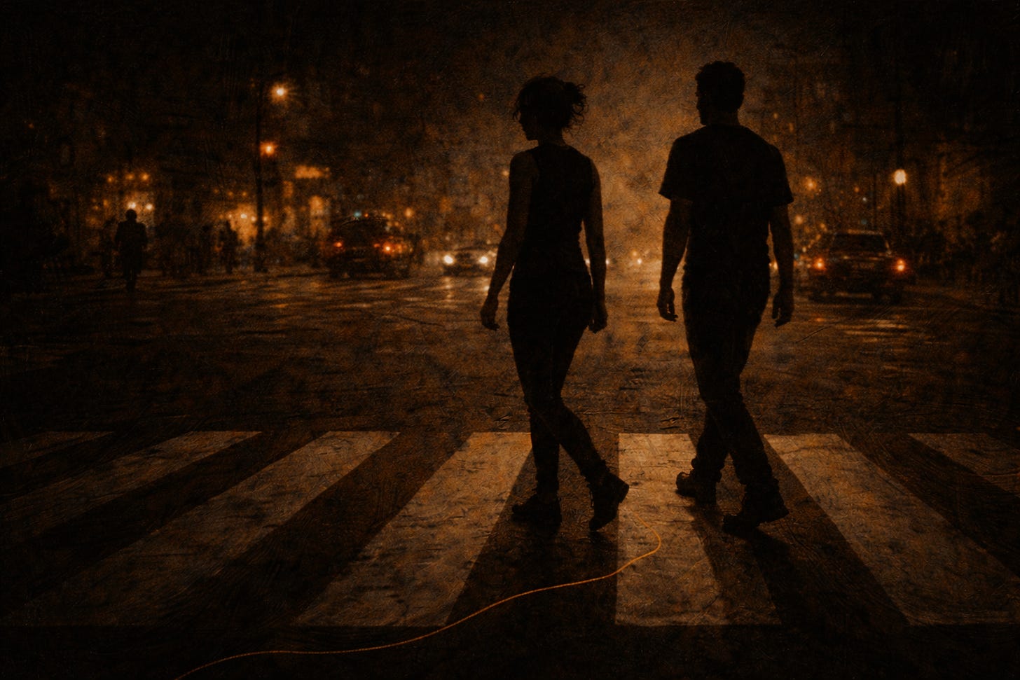 Oil-painted silhouettes of a woman and man walking one behind the other across a dimly lit city crosswalk at night, warm streetlights glowing in the haze, with a thin gold thread trailing across the asphalt. Oil-painted silhouettes of a woman and man walking one behind the other across a dimly lit city crosswalk at night, warm streetlights glowing in the haze, with a thin gold thread trailing across the asphalt.