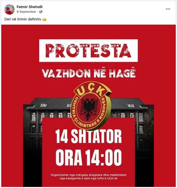 Më 9 shtator 2025: Sheholli shpërndan posterin “Protesta vazhdon në Hagë – 14 shtator, ora 14:00” me shënimin “Deri në lirimin definitiv”; 14 shtator 2025: selfie me kapele kamuflazhi me stemën e UÇK-së dhe tekstin “SOT HAGA FRYMON UÇK… Liri për çlirimtarët! Zoti e bekoftë UÇK-në!”; Më 29 shtator 2025: thirrje për “Protestë Gjithëkombëtare në Tiranë” më 17 tetor, ora 17:00; 2 tetor 2025: postim me portretin e Ali Ahmetit para logos së UÇK-së, me mesazhin “Atdheu, kombi e UÇK janë hyjnor! 17 Tetor në Tiranë.”