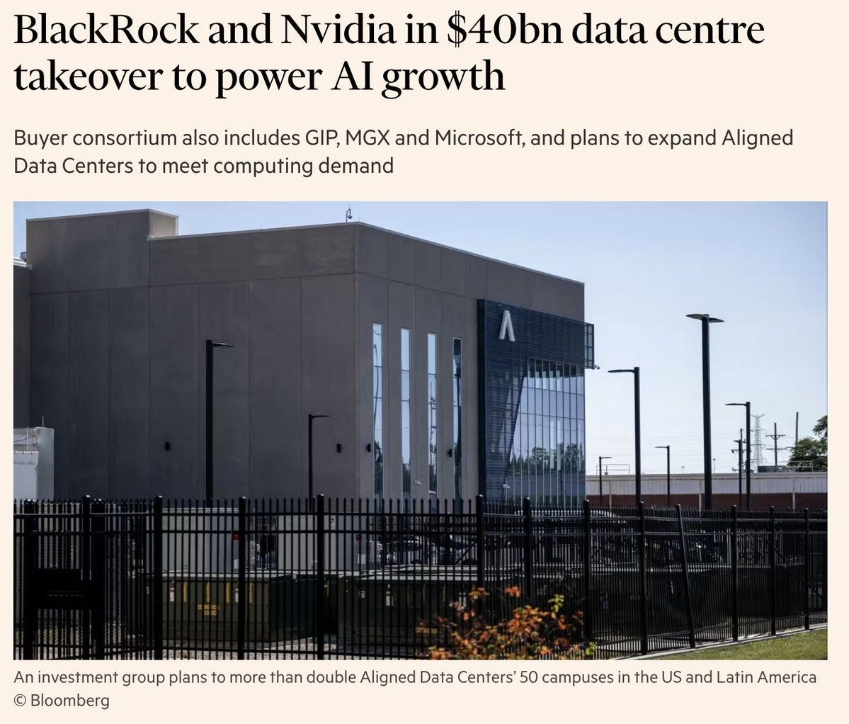 Wall St Engine on X: "BlackRock, Nvidia, Microsoft, and xAI have formed a  consortium to acquire Aligned Data Centers for $40 billion, according to  the Financial Times. The group, which also includes