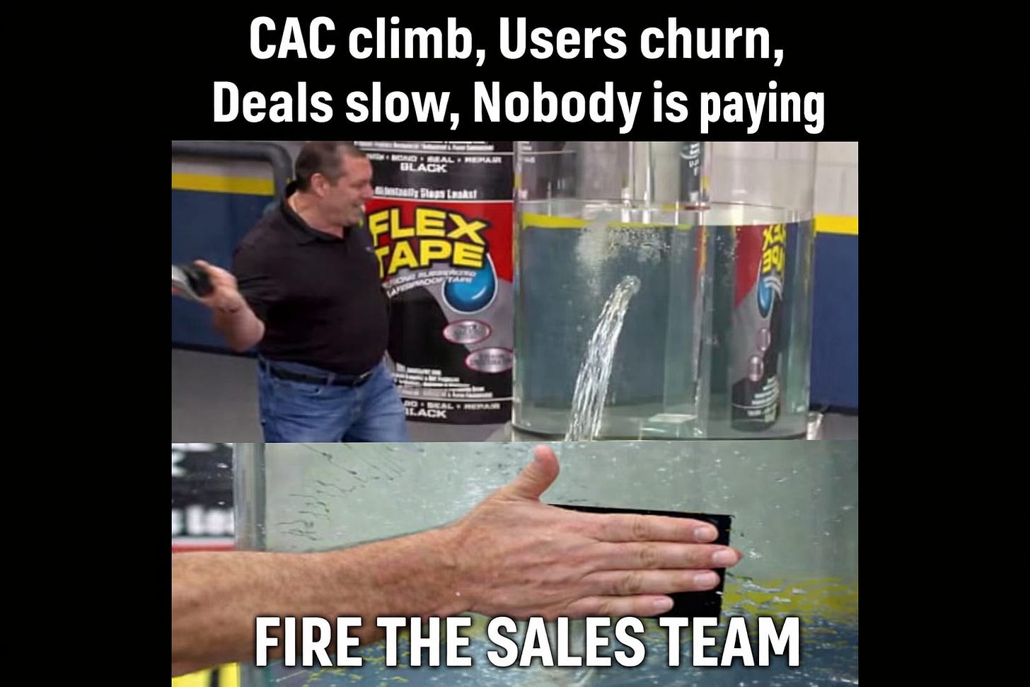 A Flex Tape meme showing "Fire the Sales Team" being used as a temporary fix for high churn and rising costs.