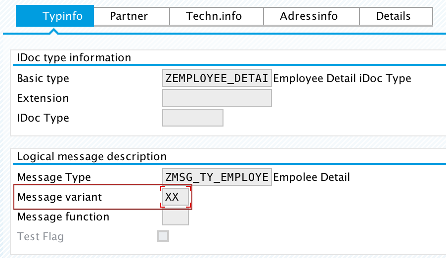 Optional iDoc Control Record parameter MESCOD value assigned from message mapping program in PI. Image shows the field with constant value 'XX' assigned in transaction we02.