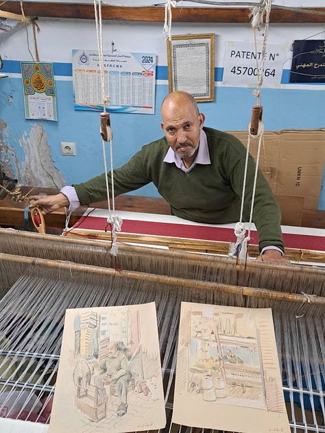 Pictures of Gail's work. Portrait of Cato Pedder, The models with The Raft Of The Medusa, Gail and Katie Hessel at her book launch, with Markus Bell in front of Amit Ghose's portrait, with Dungscape in progress, with the weaver I sketched in Marakech