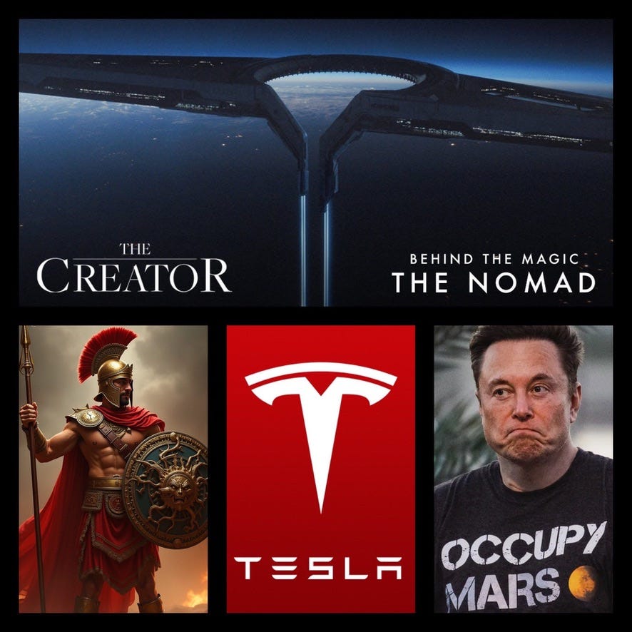 The Motion Picture “The Creator” features a low-orbit battlestation shaped like a giant Tesla logo. Coincidentally, “Creator” is also the authority defined by the Declaration of Independence, whereby Americans derive their “liberty.”