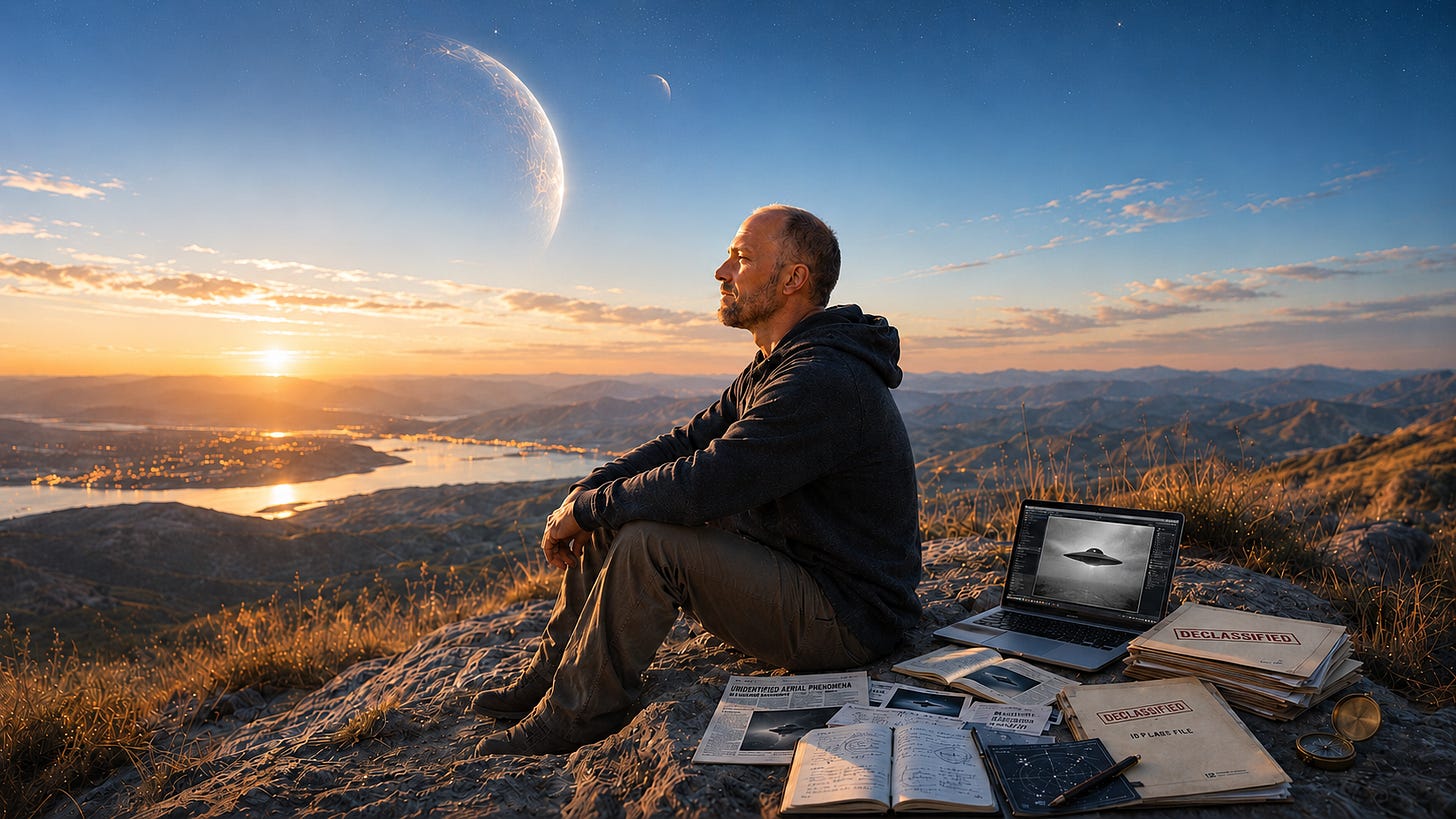 A man sits alone on a high ridge at sunset, looking toward the horizon while UFO research, declassified files, and a laptop rest beside him.