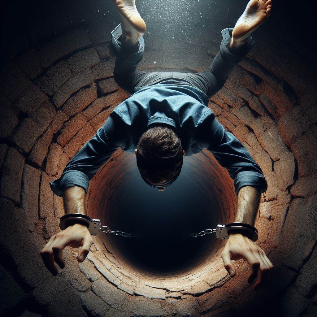 Jumping into a dark hole, head first, blindfolded, handcuffed