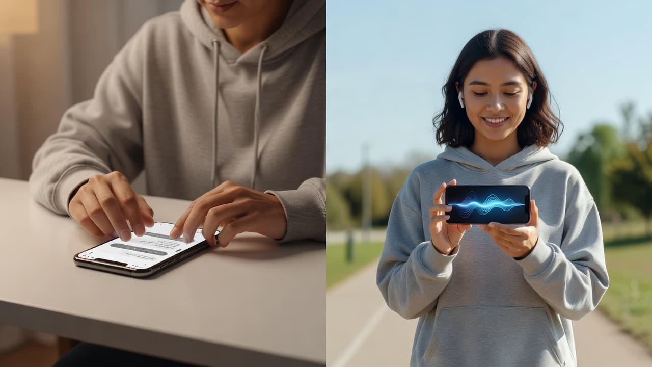 A side by side view of a person using smartphone text and voice features.