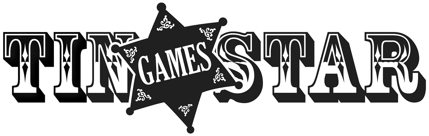 Tin Star Games logo: "Tin Star" in 'wild west ' type lettering, with "games" positioned at the centre of the two words in the silhouette of a sheriff's badge