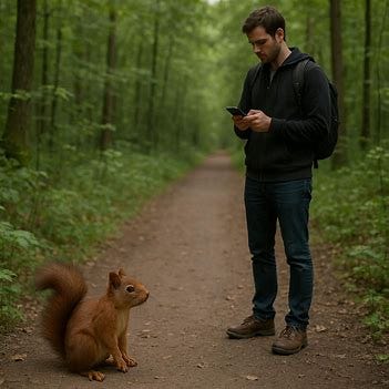 squirrel looking at human on forest path, while human is looking at his phone