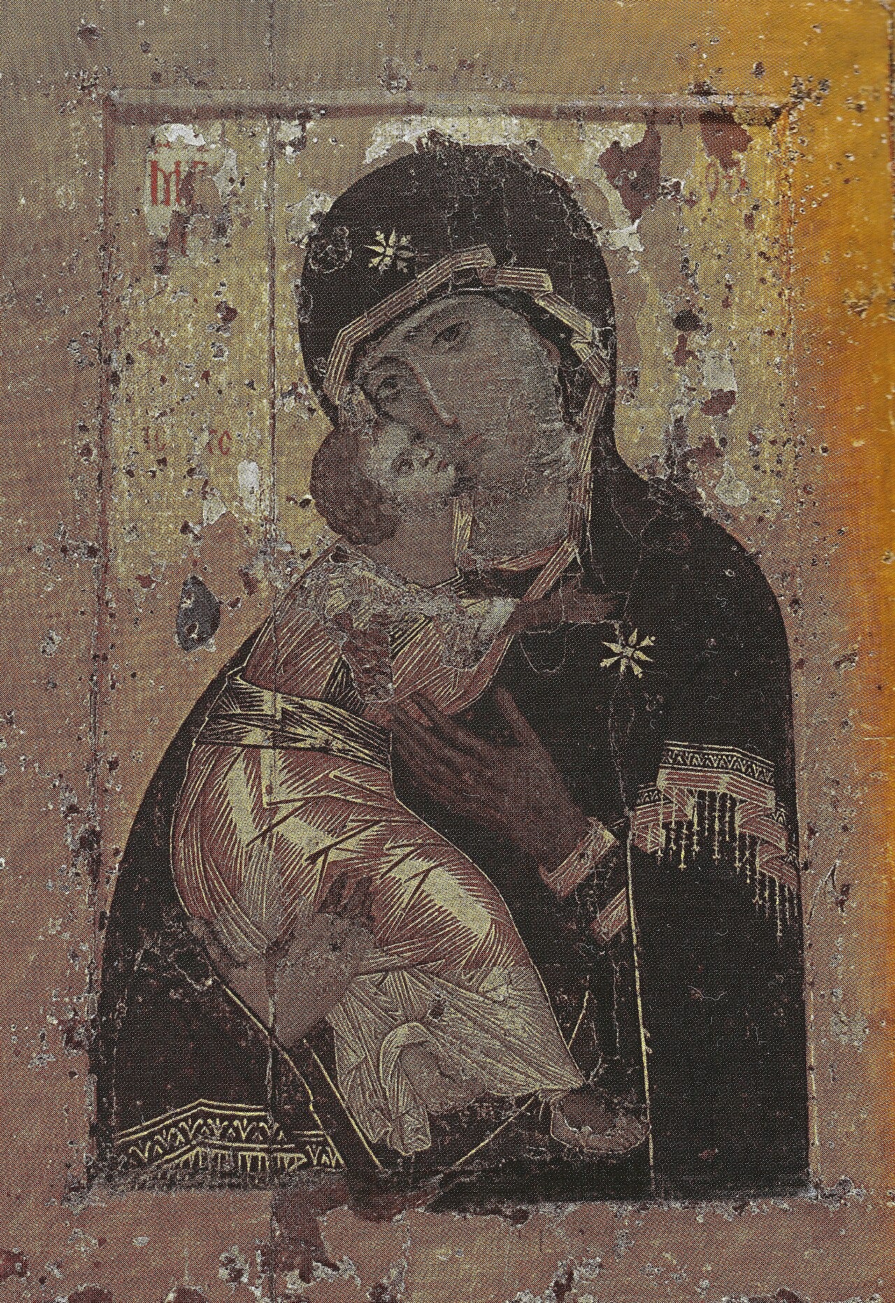 The Virgin of Vladimir icon showing the Virgin Mary holding the infant Christ, her face pressed close to his, painted around 1130, Tretyakov Gallery