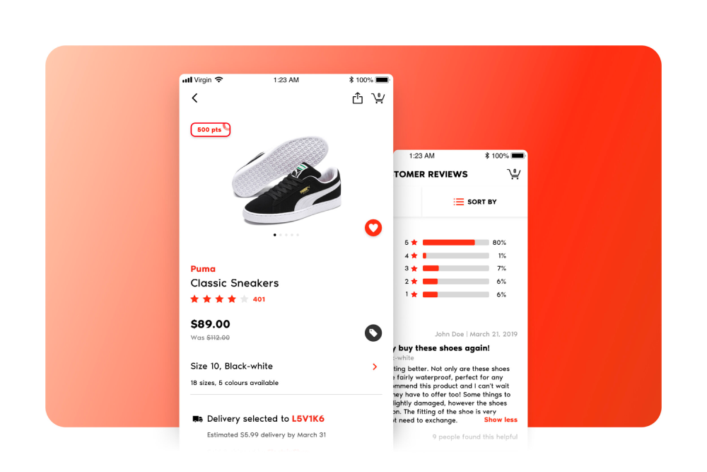 Screenshots of the PC Express app Jason designed on a red background. Screenshots of the PC Express app Jason designed on a red background.