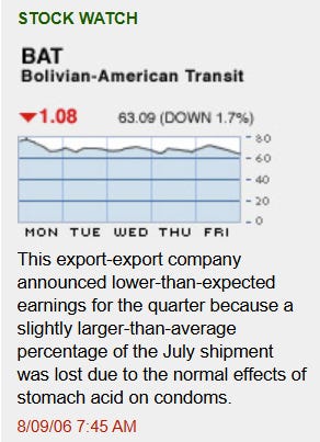 Satirical stock chart for a company called Bolivian-American exports. The capiton reads: "This export-export company announced lower-than-expected earnings for the quarter because a slightly larger-than-average percentage of the July shipment was lost due to the normal effects of stomach acid on condoms."