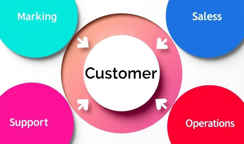 Diagram showing Customer in center circle with Marketing, Sales, Support, and Operations departments in surrounding circles, all with arrows pointing toward customer but no connections between departments Diagram showing Customer in center circle with Marketing, Sales, Support, and Operations departments in surrounding circles, all with arrows pointing toward customer but no connections between departments