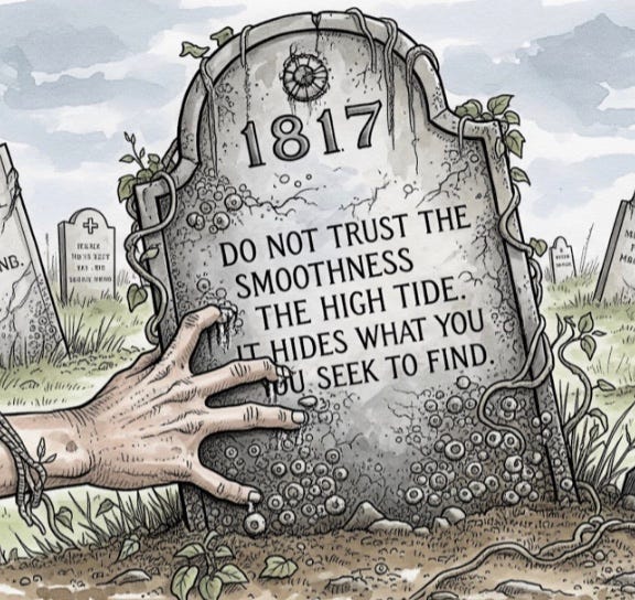 Abandon cemetery grave marker with a spooky warning on a marker.