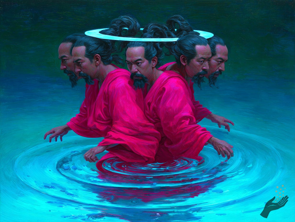 Five repeated bearded figures in bright pink robes stand back-to-back in blue water, with a single pale circular ring hovering above their heads and circular ripples around their bodies. Five repeated bearded figures in bright pink robes stand back-to-back in blue water, with a single pale circular ring hovering above their heads and circular ripples around their bodies.